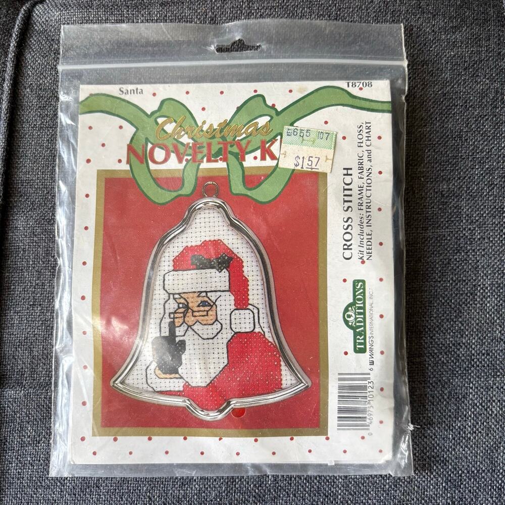 Santa Bell Frame Christmas Vintage Counted Cross Stitch Kit by Traditions 1980s